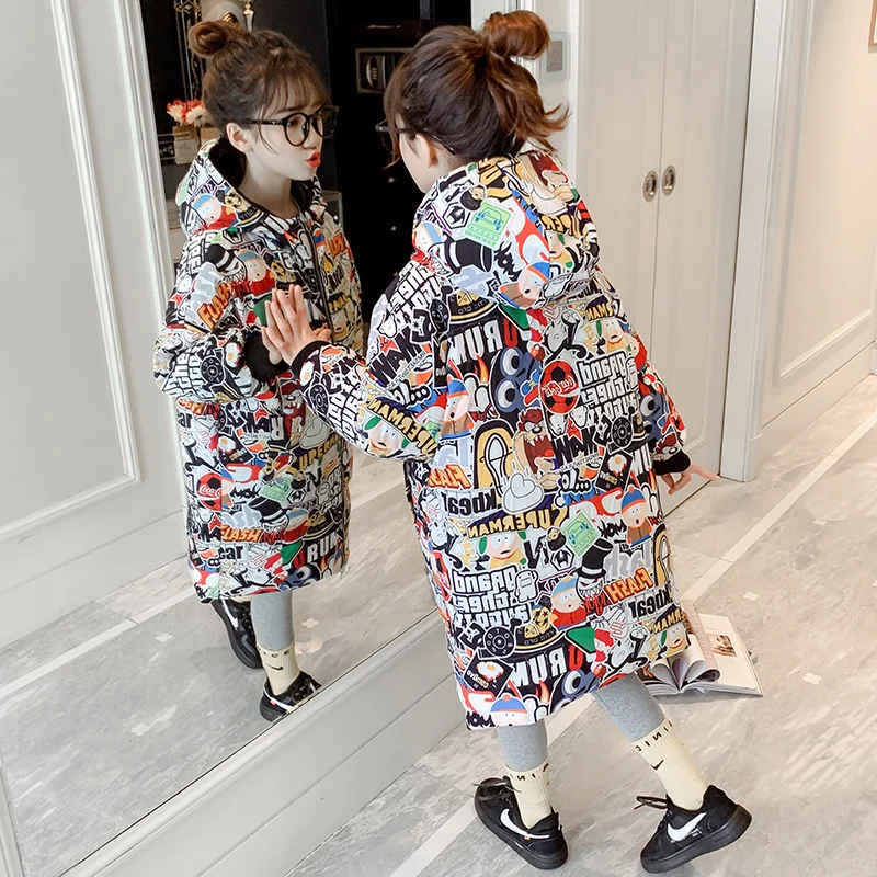 

Новая модная зимняя куртка для девочек, детское теплое длинное пальто с капюшоном, Детская Двусторонняя одежда, повседневные куртки, одежда...