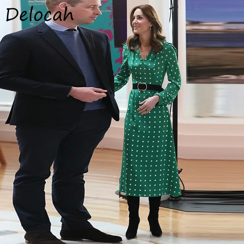 

Женское платье-трапеция в горошек Delocah, дизайнерское праздвечерние чное платье миди, с рукавом-фонариком и поясом, осень 2021