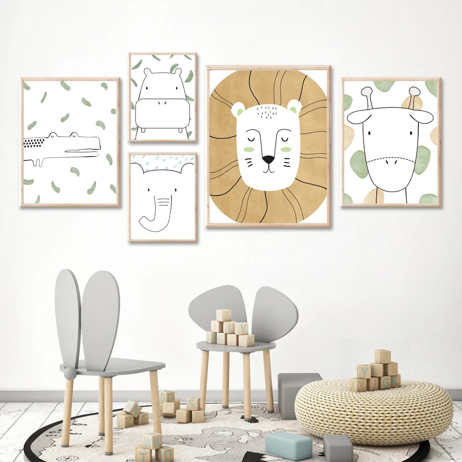 

Lion Giraffe Elephant Line Animals Nursery Wall Art Canvas Nordic Posters And Prints Wall Pictures Baby Kids Room DecorPainting