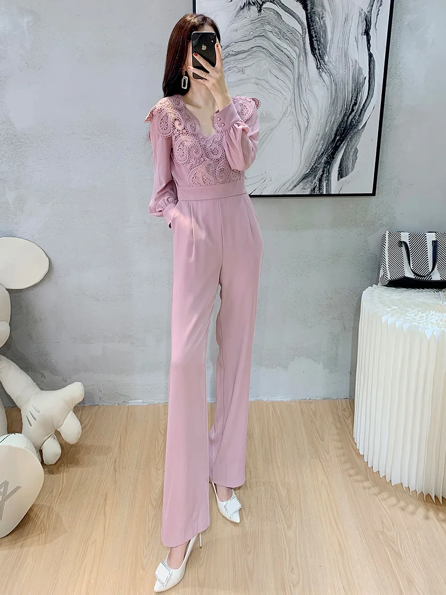 French 2021 Autumn New Retro lace embroidery slim pink Jumpsuit