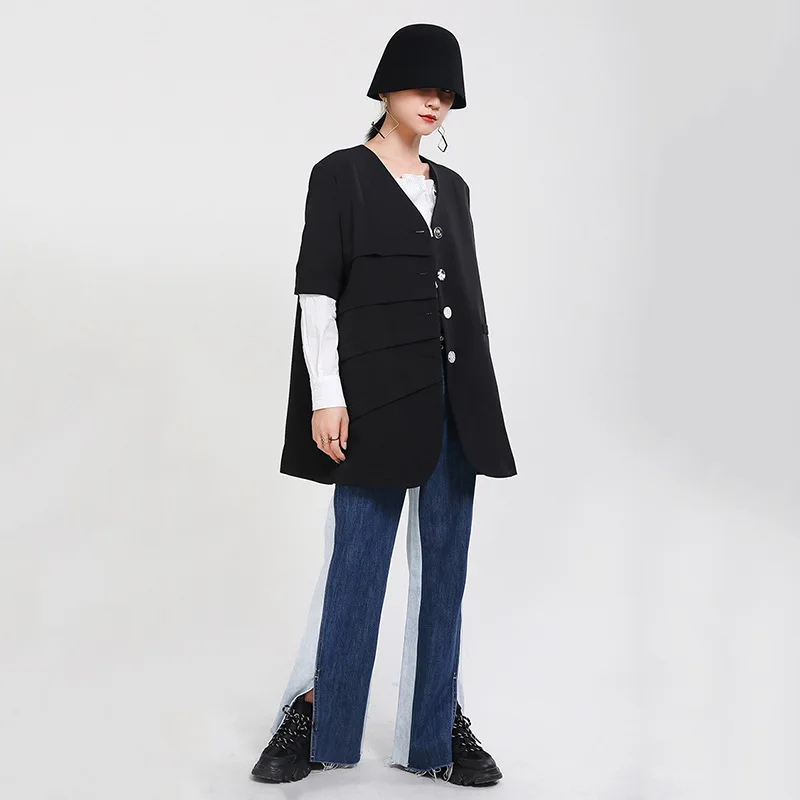 

[EAM] Women Black Pleated Irregular Blazer New V-collar Short Sleeve Loose Fit Jacket Fashion Tide Spring Autumn 2021 1X723