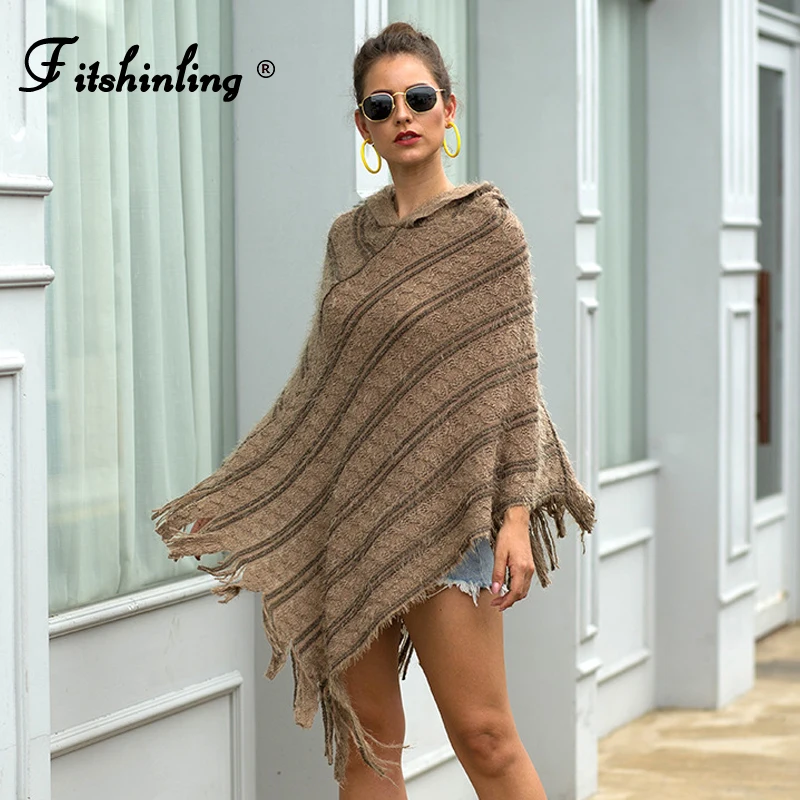 

Fitshinling Bohemian Batwing Sweater Poncho Fringe Striped Oversize Winter Ponchos And Capes Knitwear Women Fashion Hooded Tops