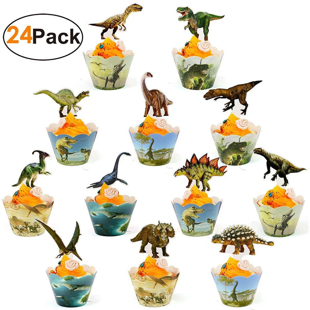 

24pcs Dinosaur Birthday Party Cupcake Wrappers Toppers Cake Decorations Dinosaur Banner Party Decoration