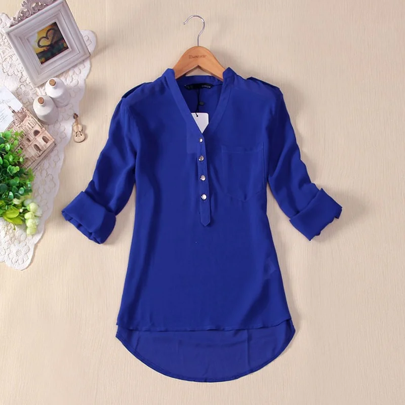 

Women Cloth Summer Solid Color Blouse Shoulder V-collar Half Sleeve Large-pocket Shirt Loose Woman Chiffon Shirt Tops for Girls