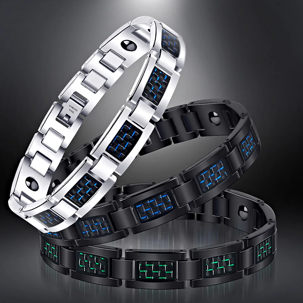 FINE4U B393 Mens Blue Carbon Fiber Titanium Magnetic Bracelet Magnet for Pain Relief | Украшения и аксессуары