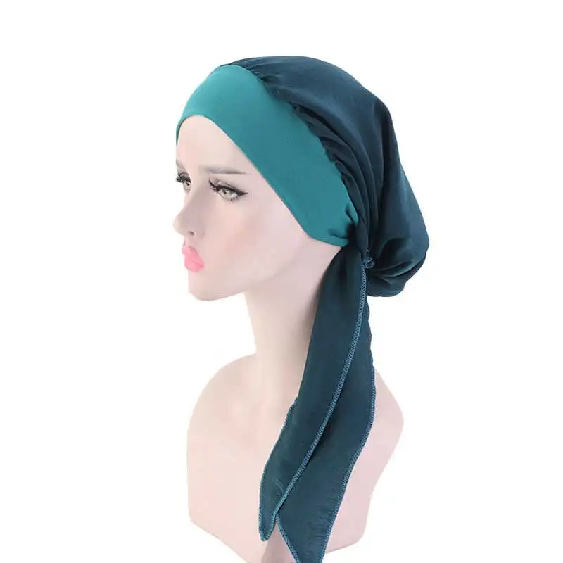 

Women Flower Printed Silky Elastic Muslim Turban Head Scarf Pre-Tied Long Tail Hijabs Hats Casual Soft Hat Headwear