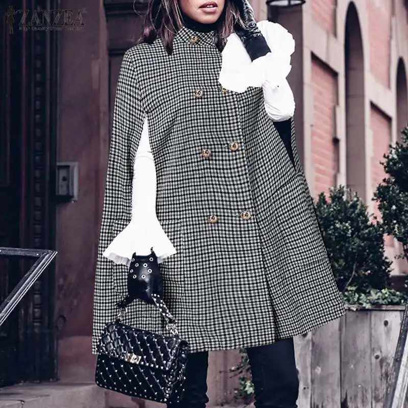 

Осень 2021, винтажные средневековые пальто, куртки ZANZEA, женские офисные накидки, пончо, повседневная клетчатая верхняя одежда А-силуэта, 7