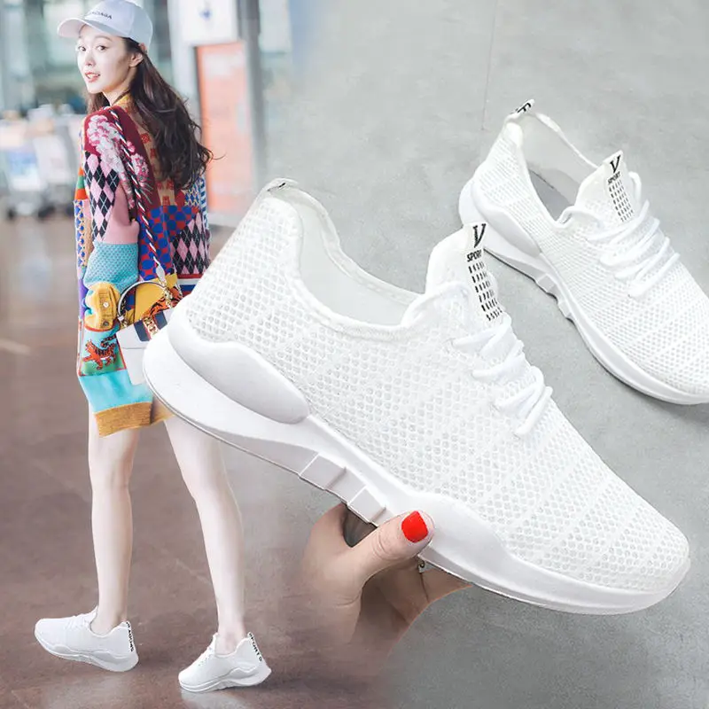 

Летняя обувь для женщин, новинка 2021, стильная Летающая плетеная дышащая спортивная обувь, женская белая обувь, повседневная женская обувь, п...