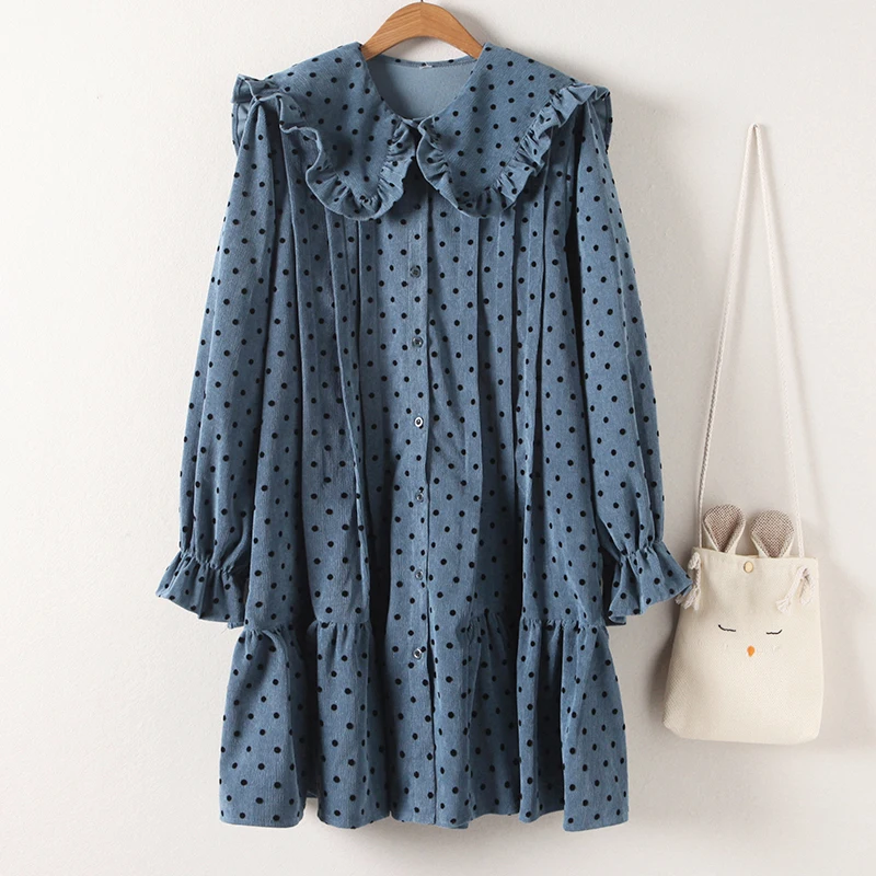 Blue XL-5XL, большие размеры, женское вельветовое платье в горошек, осень, милое, с воротником Питер Пэн, с длинным рукавом, свободное, повседневное, с рюшами, Kawaii, платья - Цвет: Blue