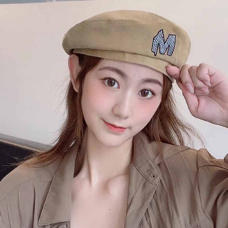 

Sparsil Autumn Beret Women Embroidery Letter Berets Cap Cotton Female British Retro Painter Hats Winter Flat Top Bonnet Hat
