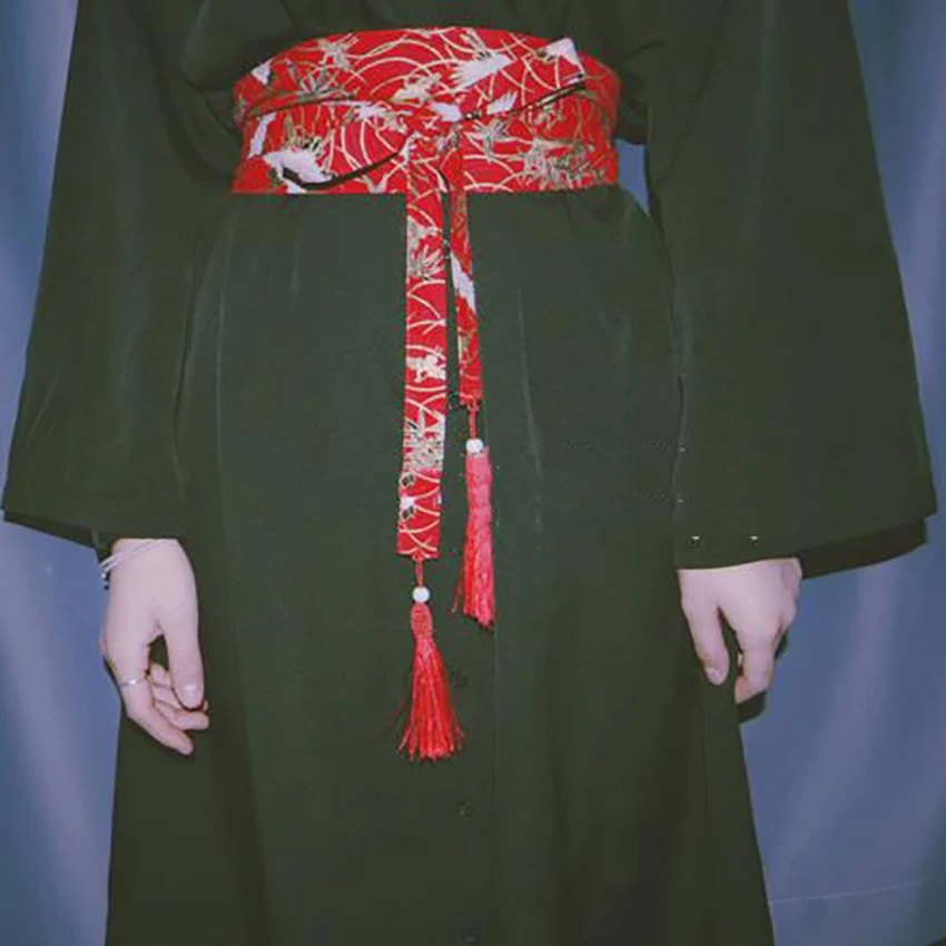 Японский стиль женское кимоно платье с поясом цветочный кран хаори Obi платья для мужчин пояс традиционный Ukiyo