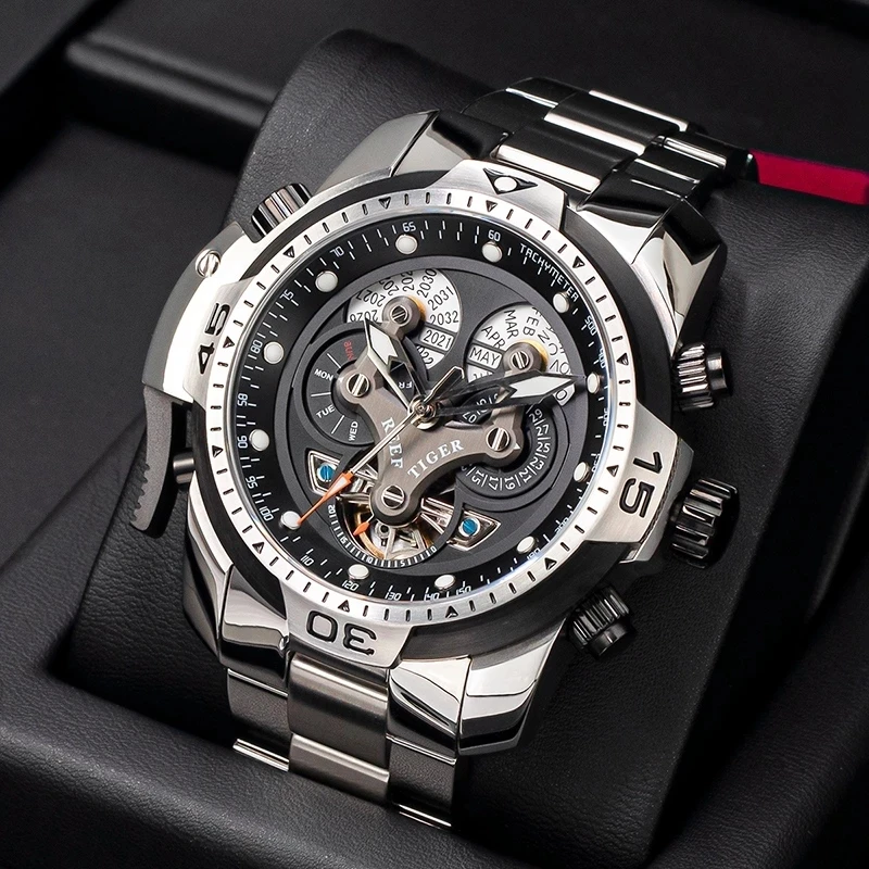 

Reef Tiger/RT Designer Sport Mens Watch Perpetual Calendar Date Day Complicated Black Dial Mechanical Bracelet Watch RGA3503