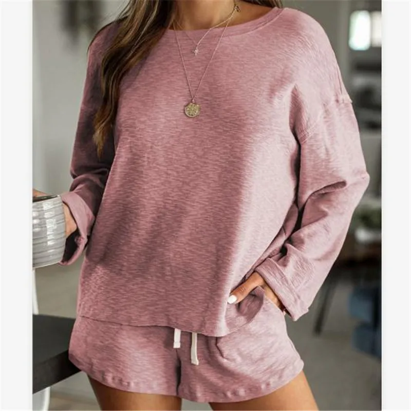 Korean Style Women Clothing Sets New Long Sleeves Tops Shorts Loose Female Home Clothes Costume Suits Pink Blue 2pcs Set | Женская