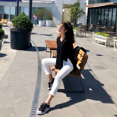 

han Pants Women's casual pants fashion black pants slim pants women's high waist show thin