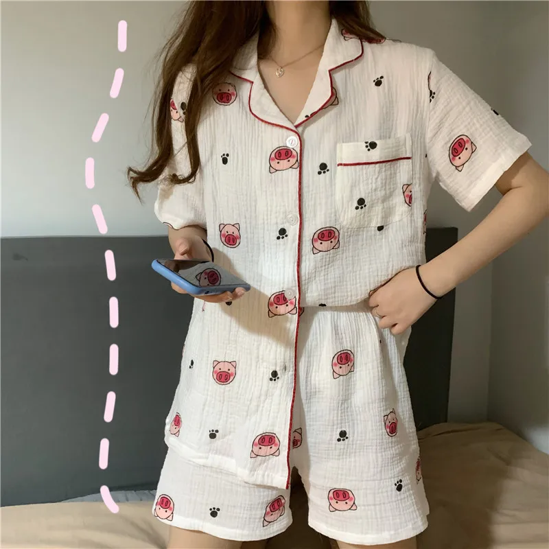 

XIFER 2020 Printed Short-sleeved Pajamas Women's Suit Loose and Cute Home Wear Can Be Worn Outside In Summer