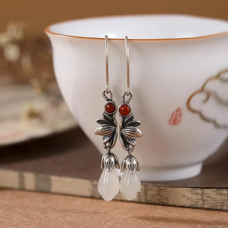 

Chinese Style Cheongsam Accessories Vintage White Magnolia Flower Earrings S925 Sterling Silver Hetian Jade Lotus Distressed Cla