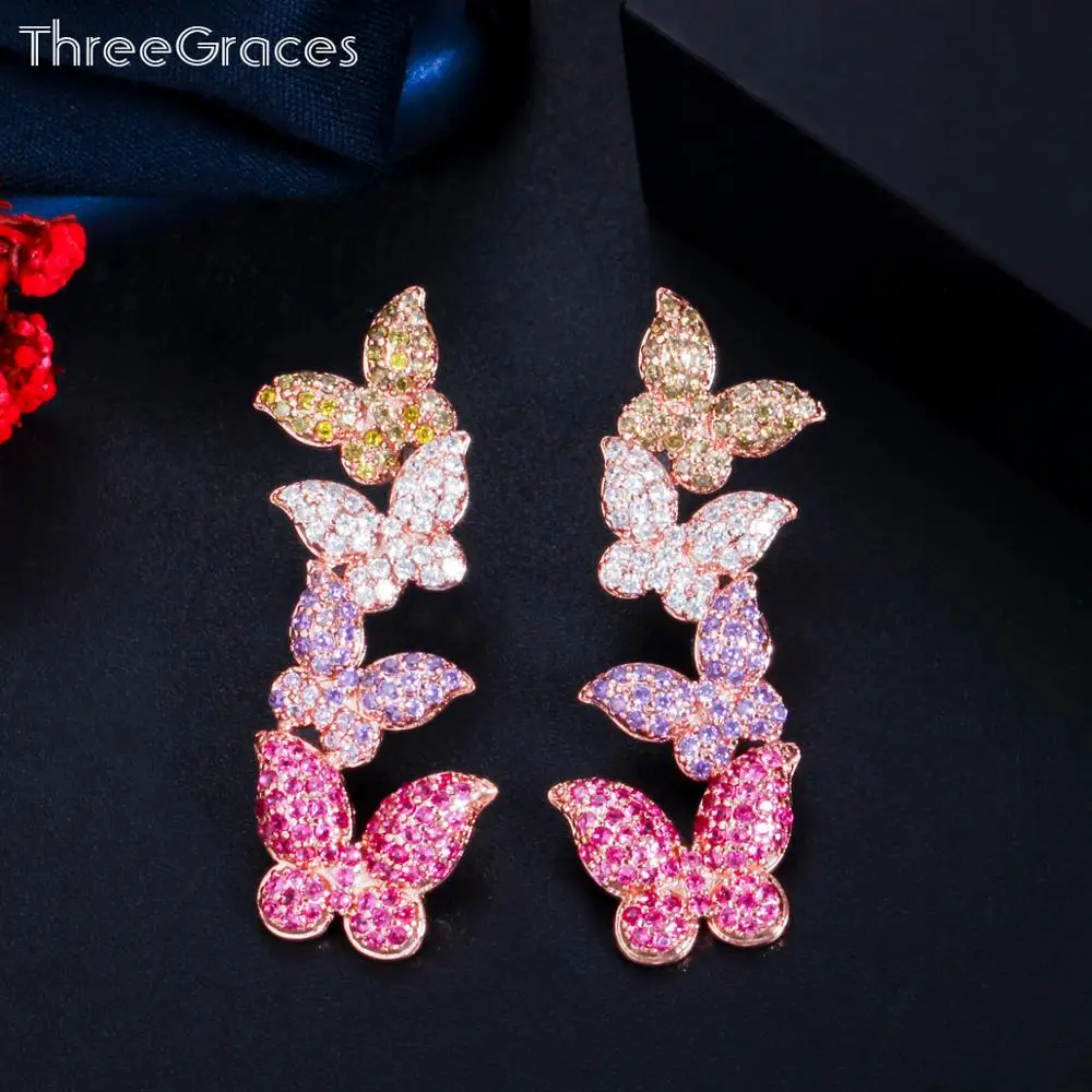 

ThreeGraces New Trendy 4 Tone Cubic Zirconia Stone 585 Rose Gold Long Drop Dangle Butterfly Earrings for Women Jewelry ER498