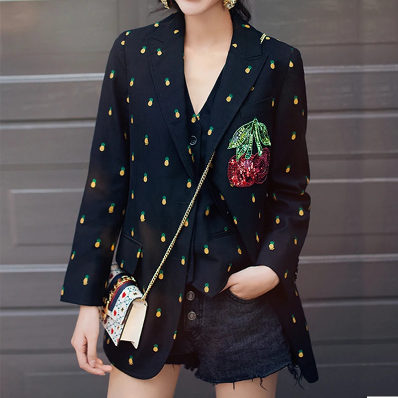 Осенняя новинка стильный женский блейзер с длинным рукавом и вышивкой фруктовым