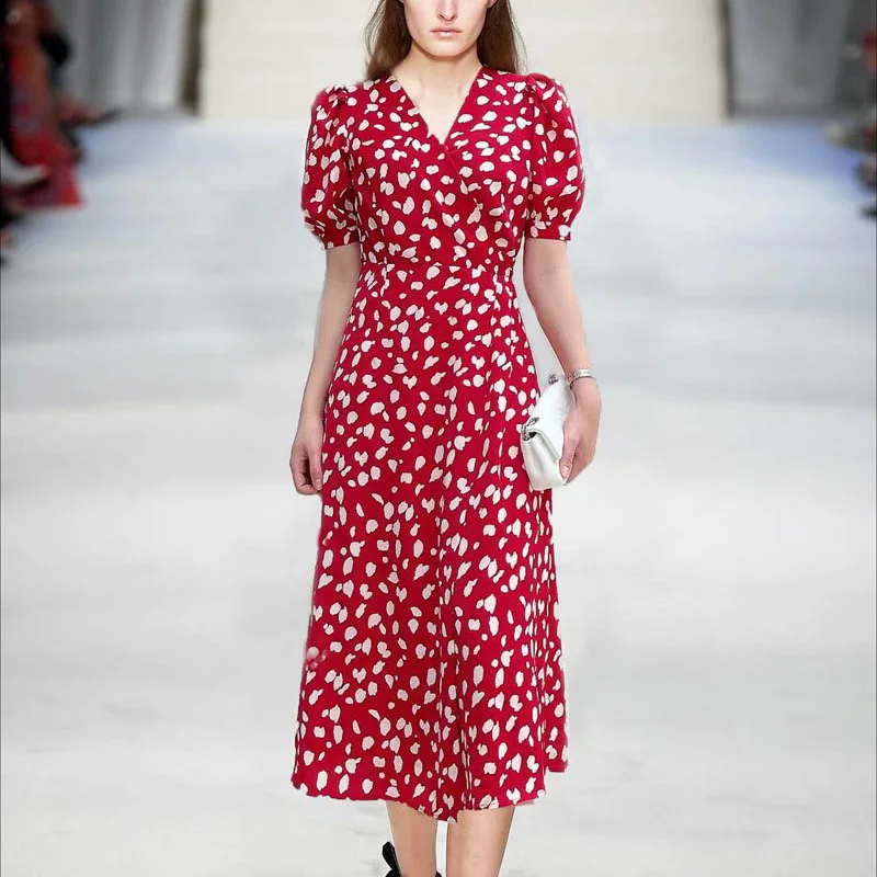 

2021 Summer New Style Bohemian Print Flower Sexy V-Neck Short-Sleeved Belt Slim-Fit Mid-Length Short-Sleeved Dress High Quality