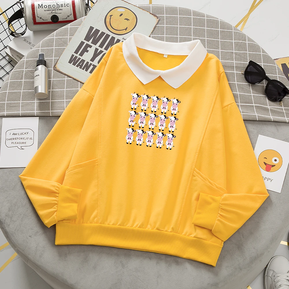 Kawaii Hoodies Harajuku Cow Printed Women Pullover Tops Cute Turn-down Collar Sweetshirt Autumn Full Sleeve Leisure Sweatshirts