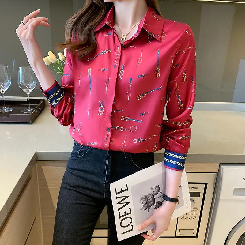 

brand fashion korean Red shirt women long-sleeved tops 2021 spring fall new print design lapel office ladies shirts