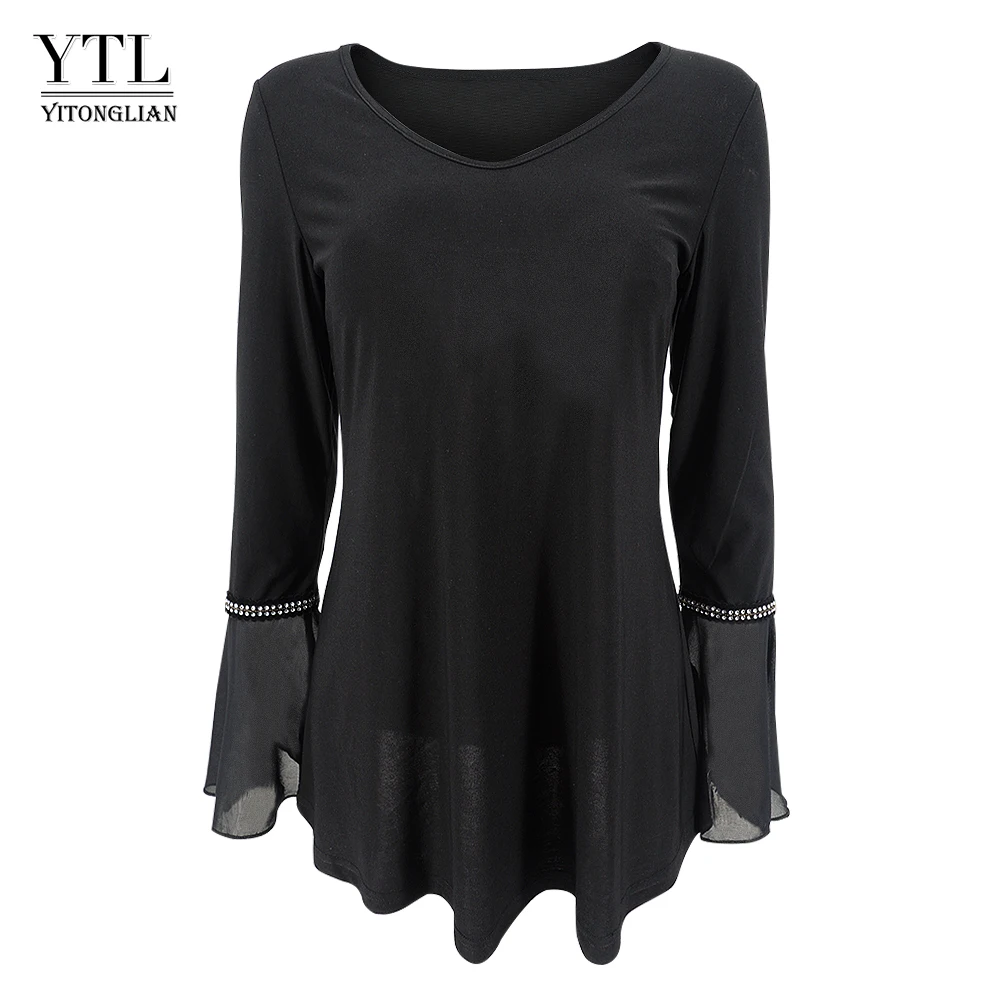 

Yitonglian Women Chic Diamond Flare Sleeve Maxi Tops Work Style Black Solid Tee Summer Fall Top V-neck Blouse Loose T-Shirt H371