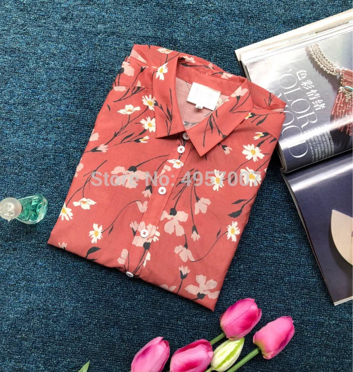 Женская блузка с длинным рукавом и отложным воротником из шелка хлопка|Блузки| |