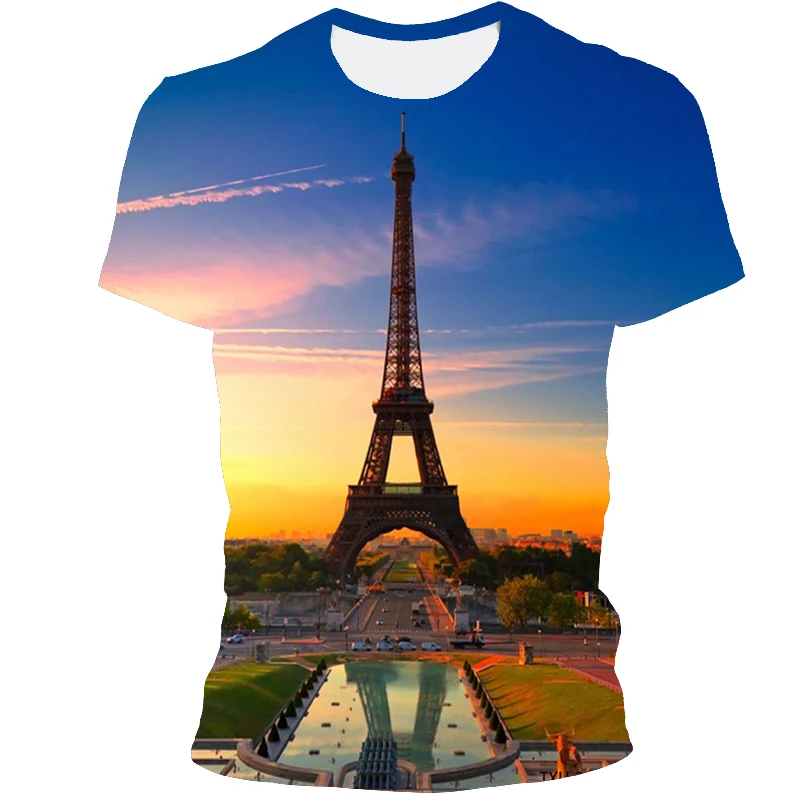

2021 summer new fashion T-shirt urban glass building 3D printing men's and women's fashion casual T-shirt tops