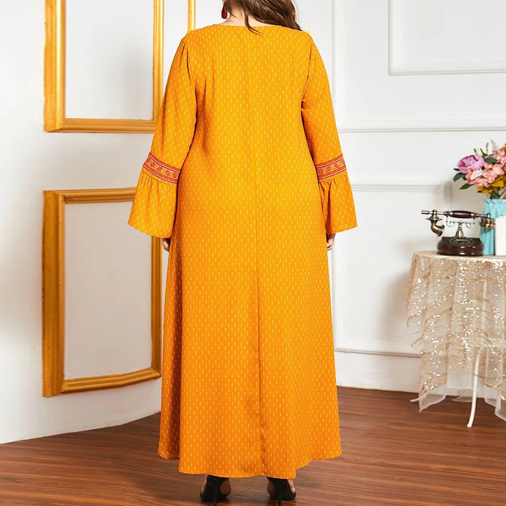 

Muslim Fashion Temperament Women's Dress 2021 Spring Summer Loose Casual Nationality Embroidery Printing Dots Flared Sleeves
