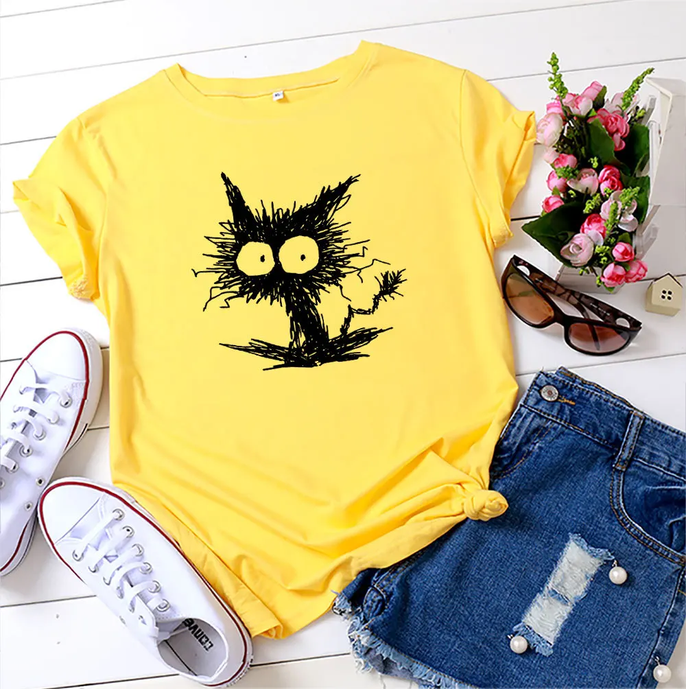 

100% Cotton Women Summer T-Shirt Funny Cat Graphic Printed Shirt Female O-Neck Short Sleeve Casual Top Tee Fashion KawaiiClothes