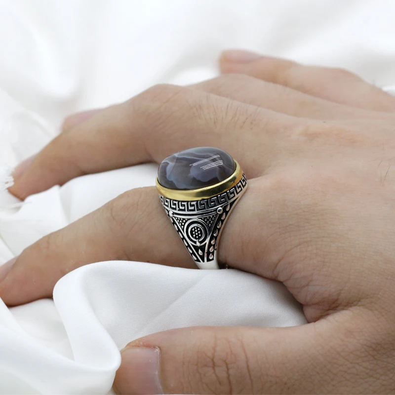 Мужское кольцо с агатом для мужа подарок 925 пробы серебро овального кольца из