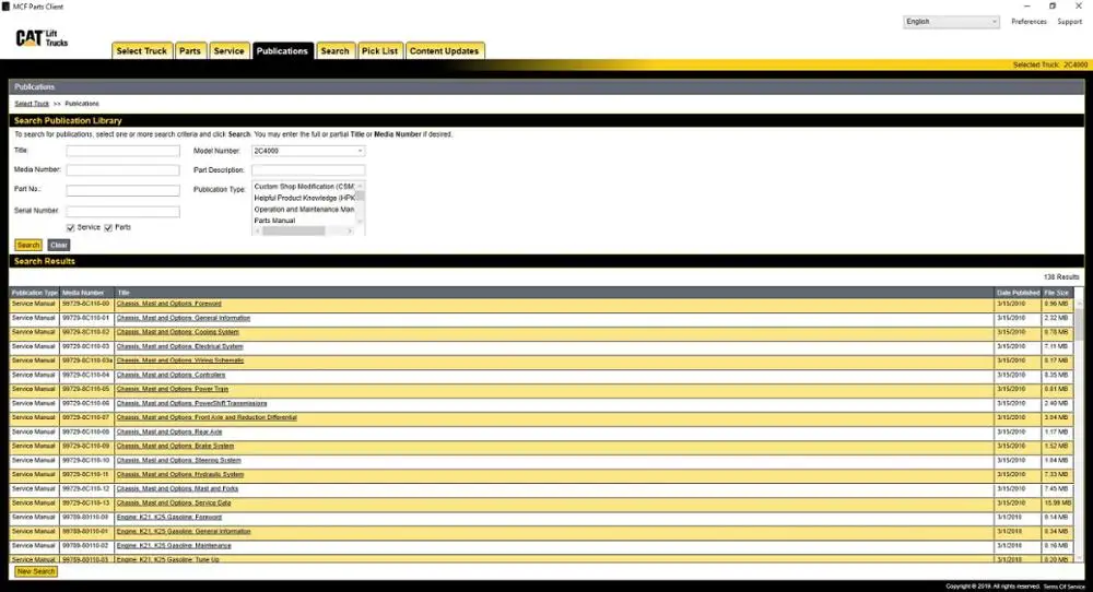Для грузовиков CAT Lift 2022 (MCFE) каталог запасных частей и руководства по мастерской