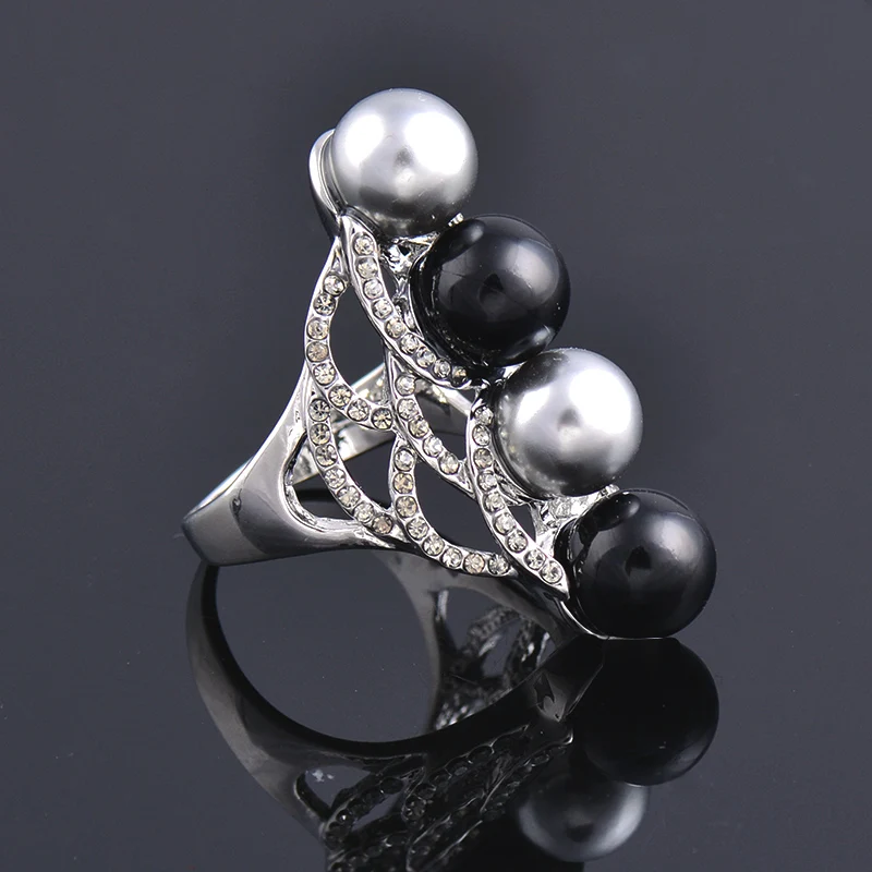 

KIOOZOL Luxury Black Acrylic Ball Grey Pearl Micro Inlaid Crystal White Gold Plated Ring For Women Vintage Jewelry Gifts 168 DP1