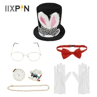 women men bunny cosplay props easter halloween party dress up costume rabbit ear high hat gold glasses bow tie gloves clock suit