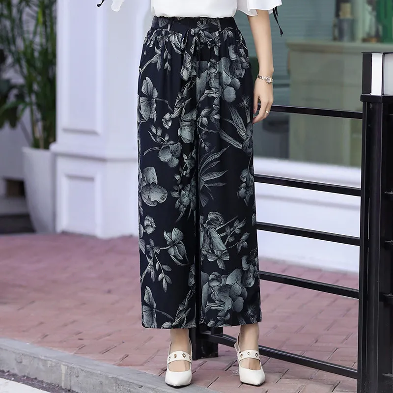 Брюки женские с завышенной талией широкие прямые штаны поясом и бантом принтом в