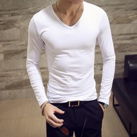 mens autumn long sleeve t shirt solid color basic tops slim fit elastic pullover male casual v neck cotton tee shirt
