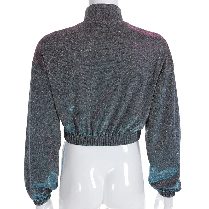 

Women Sexy Shiny Cardigan Jacket Autumn Spring Long Sleeve Elastic Waist Zipper Crop Top Coat Slim Jackets Club Party Streetwear