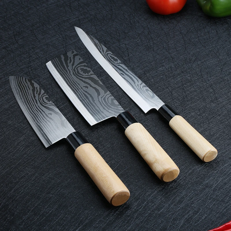 Лазерный дамасский кухонный набор ножи шеф повара Япония нержавеющая сталь Sashimi