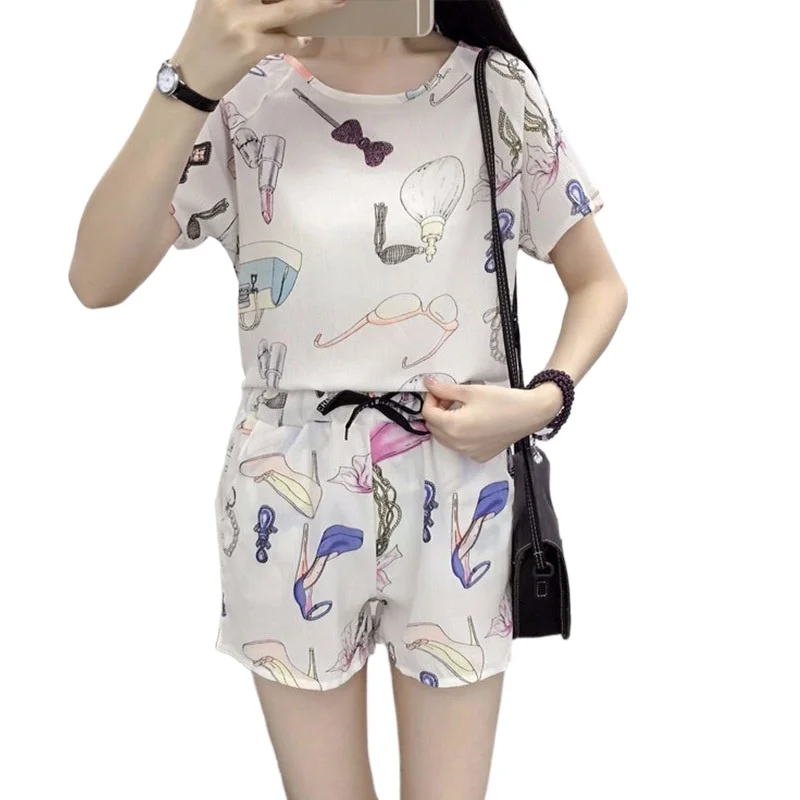 

fashionable chiffon shirt shorts suit women 2021 summer short-sleeved shirt elastic waist thinner 2 piece sets womens outfits