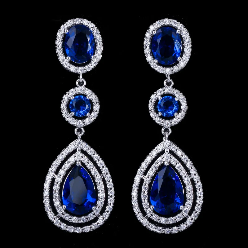 Royal Blue Pera CZ Роскошные Королевские Свадебные ювелирные изделия Длинные Halo слеза падение темно-синий большой кубический цирконий камень свадебные серьги для женщин E041 - Окраска металла: Royal Blue