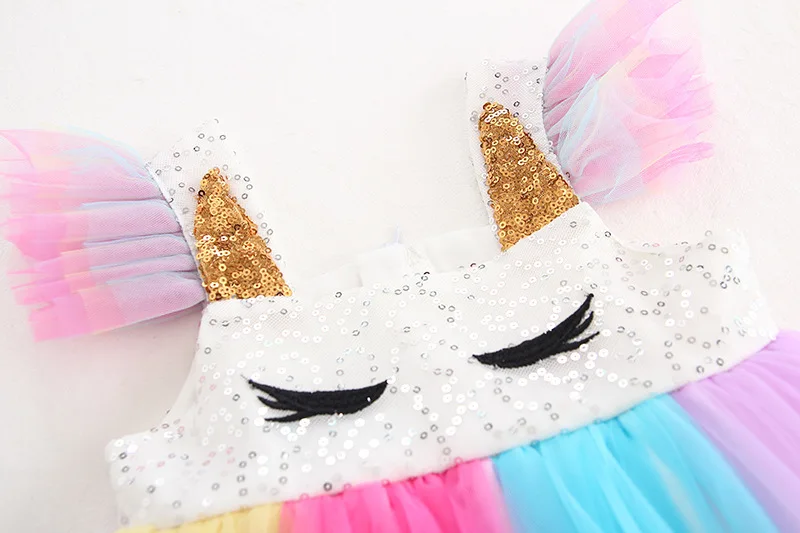 2020 платье для девочек Радужное с рукавами-лепестками и блестками милое принцессы