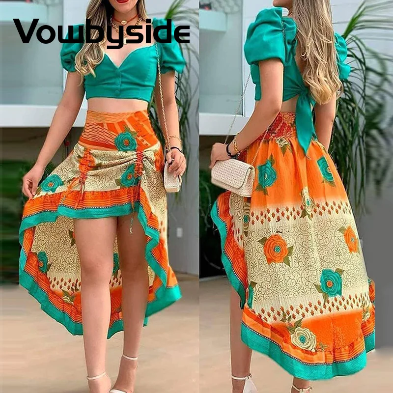 

Puffed Sleeve Colorblock Crop Top & Ruched Skirt Set