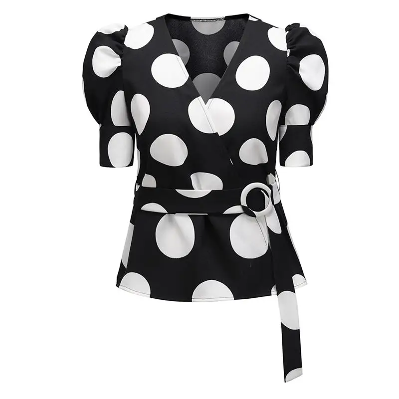 

Polka Dot Printed Blouse Puff Sleeve Tops Ladies 2020 Summer Boho V-Neck Wrap Blouse