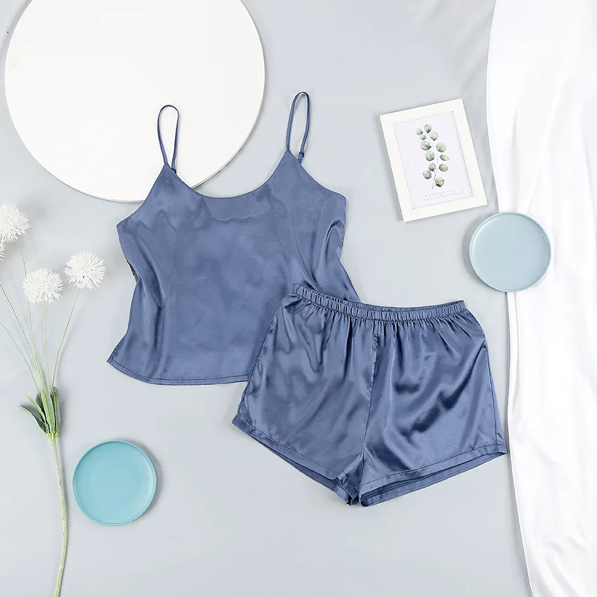 Women Satin Pajamas Sexy Lace at the Back Spaghetti Strap and Shorts&Long Pants Multiple Color Sleepwear Ladies Homewear