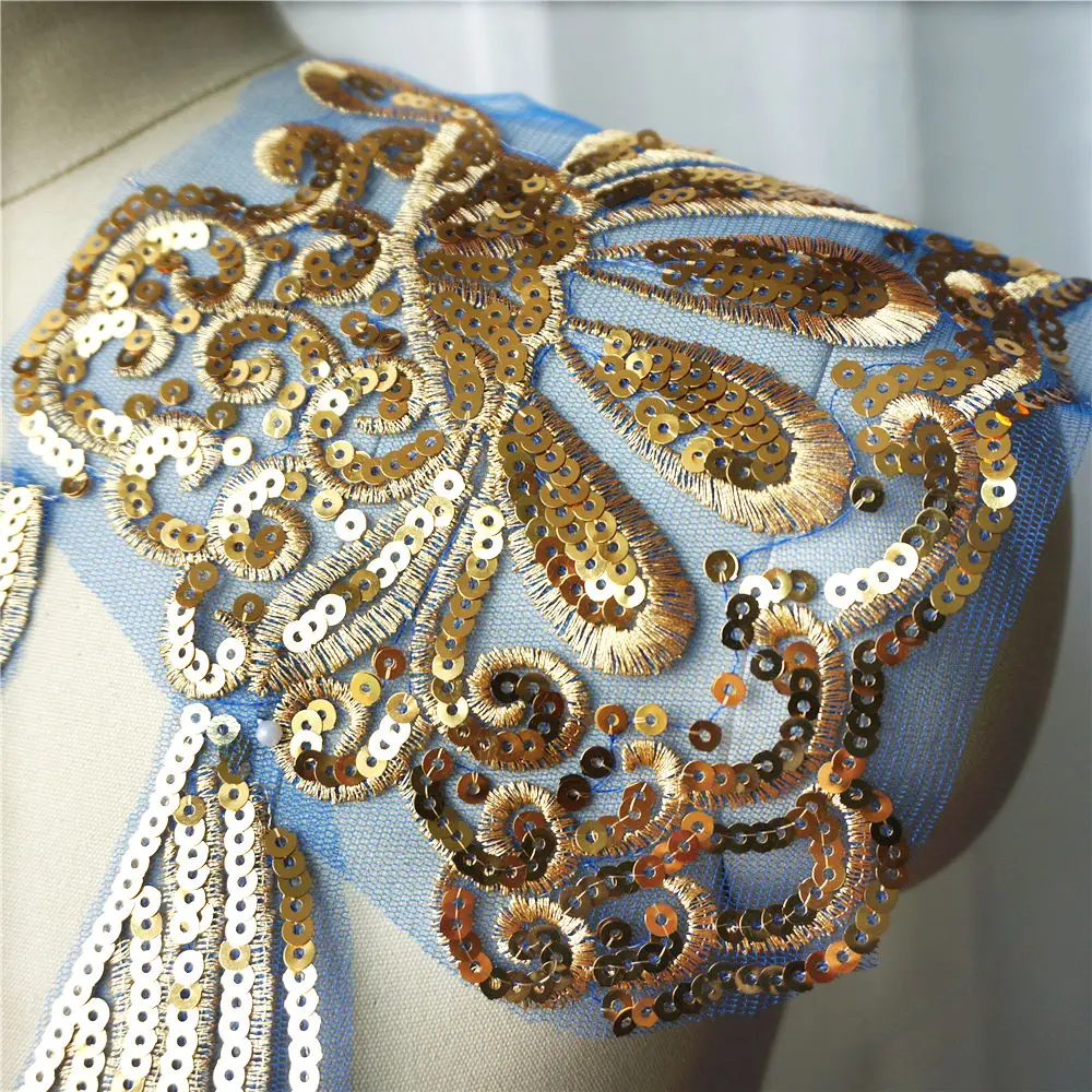 1 комплект золотые блестки кружевная ткань благородное платье Аппликации синяя
