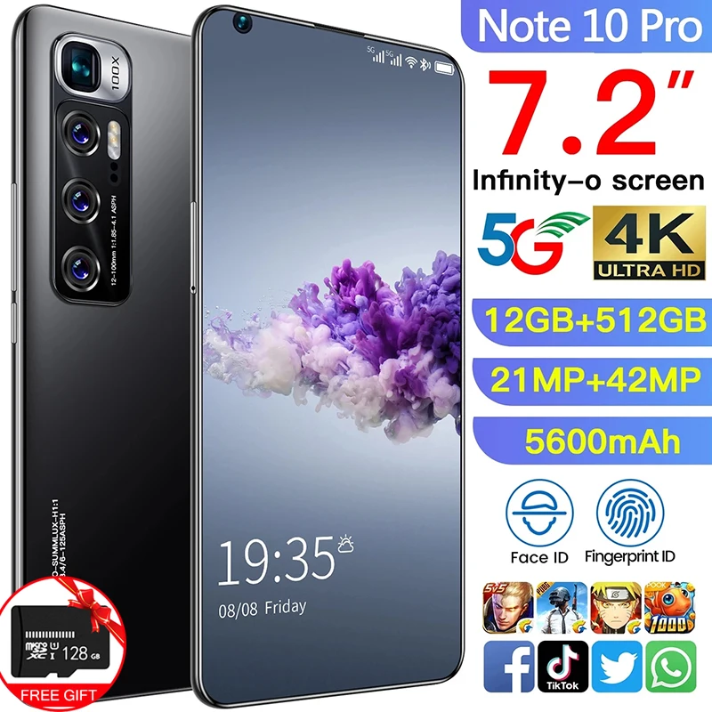 

Note10 Pro 7.2 Inch HD Smartphone 16+512GB Global Version 21+42MP Camera 5600mAh Unlocked 5G Cellphone Support Google GPS