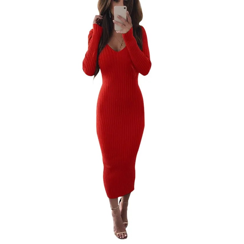 

Women Sexy Dress Solid Knit Slim Dress Long Sleeve Mid-length Casual Belt Dresses