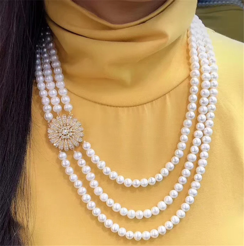 

Ожерелье с натуральным пресноводным жемчугом 8-9 мм, 3 ряда