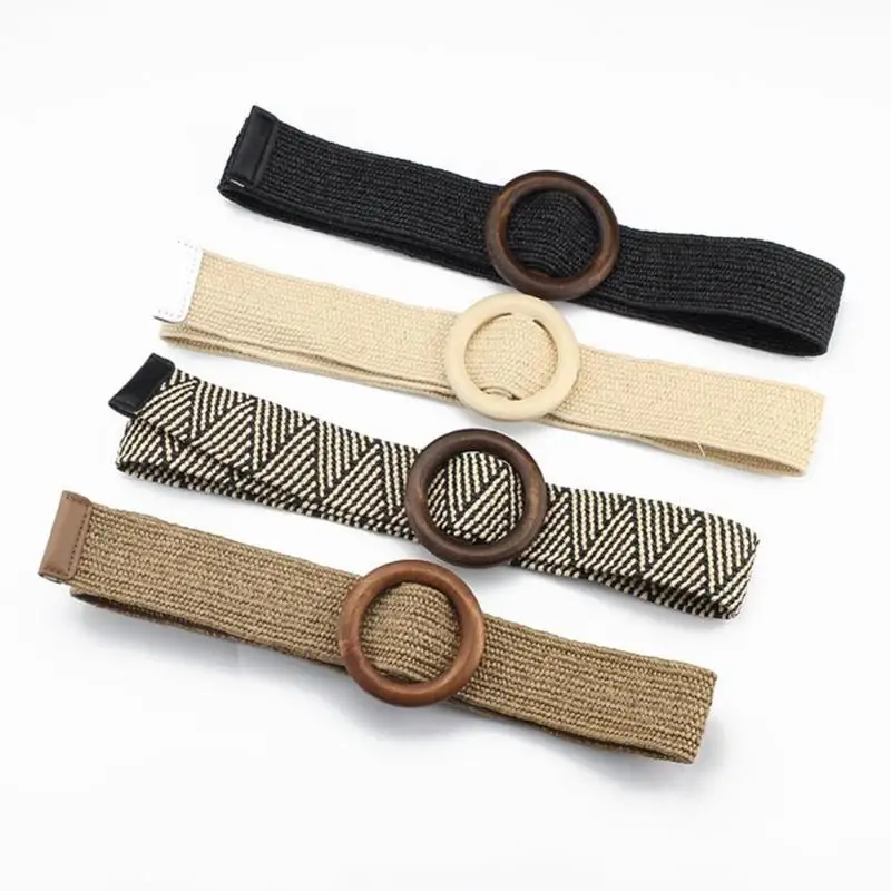 

Vintage Boho Braided Waist Belt Summer Solid Female Belt Round Wooden Smooth Buckle Fake Straw Wide Belts For Women Hot Sale