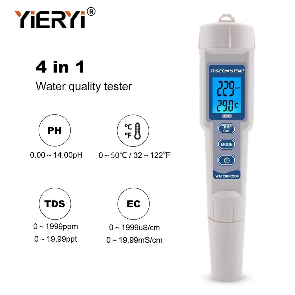 Yieryi 4 в 1 TDS ph-метр PH/TDS/EC/измеритель температуры Цифровой Измеритель Качества Воды Тестер для бассейнов, питьевой воды, аквариумов